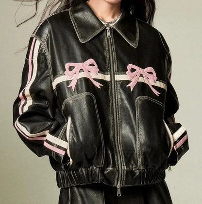 Zekye Vintage Women's Faux Leather Jacket Autumn Winter Lapel Collar Bow Detail Zipper Overcoat Fashionable Outerwear