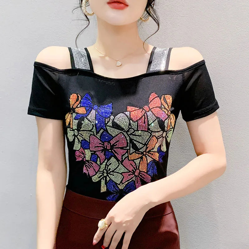 Aoxison Summer Short Sleeved Women's T-Shirt Elegant Slim Shiny Love Heart Diamonds Mesh Tops Chic Girl Sexy Off Shoulder Tees Black2
