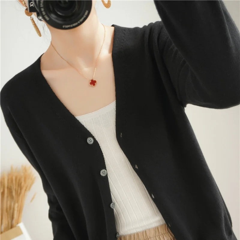 100% Cotton Line Long Sleeve V-Neck Knitted Cardigan Women Loose Short Solid Color Simple Sun Protection SMY K61 hei se