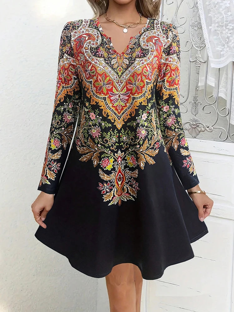 Women's casual retro style printed long sleeved dresses for women,fashion scallop women short dresses,spring outfits for women black
