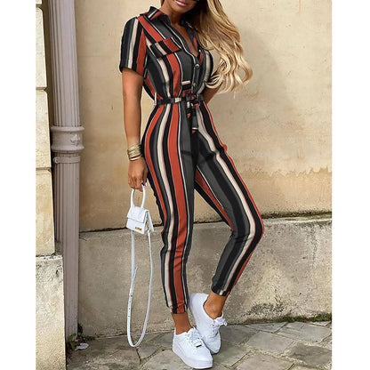 Women's Monochrome Jumpsuit 2024 Spring/Summer Comfortable Casual Flip Collar Printed Belt Work Dress Women's Jumpsuit Brown
