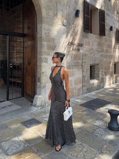 Trendix Polka Dot Print Backless Dress Women Summer Sexy Deep V Neck Sleeveless Off Shoulder Maxi Dresses Elegant Evneing Dress