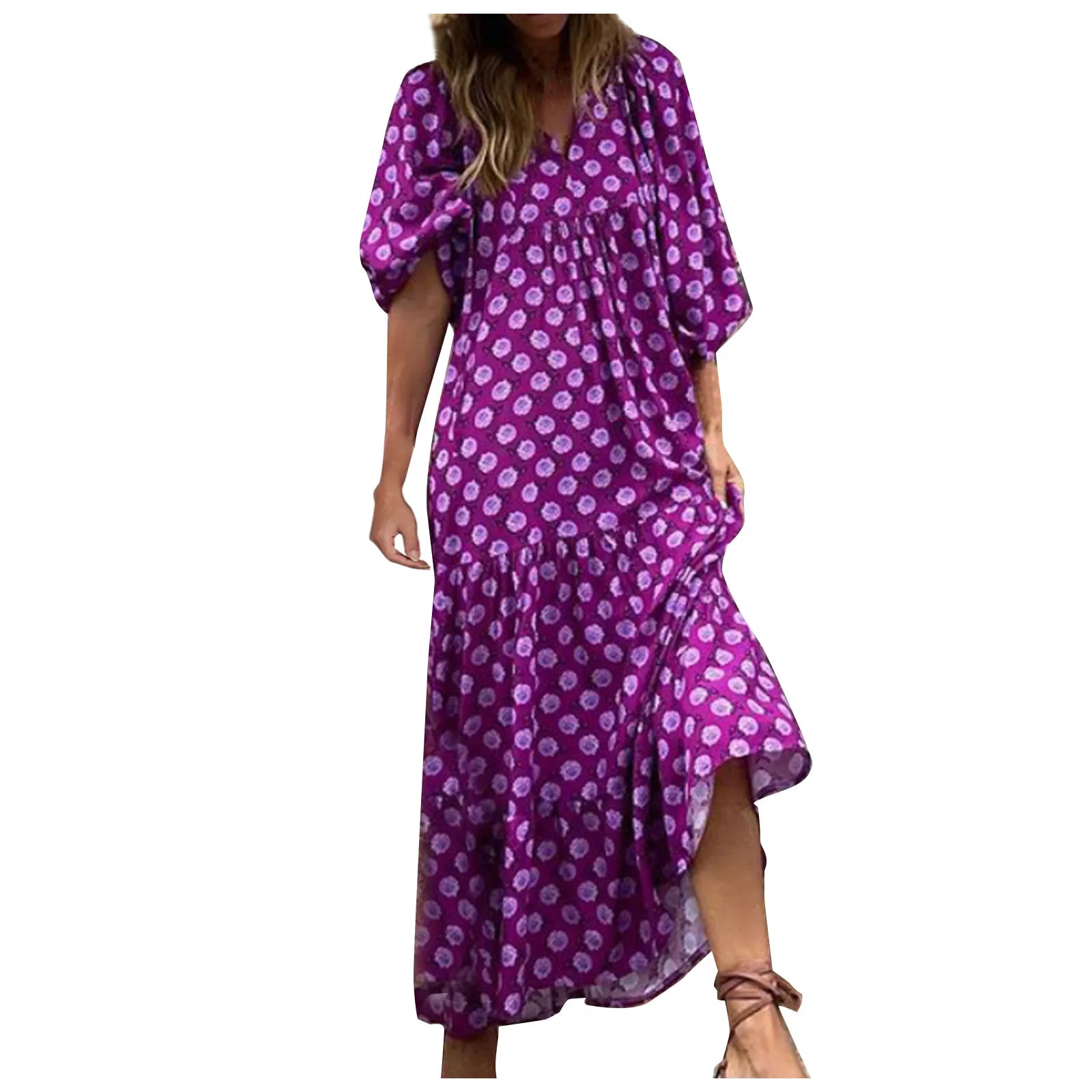 Puff Sleeve Boho Maxi Dress Elegant Women Summer 2022 Casual Floral Drawstring V-Neck Loose Holiday Beach Dresses Party Vestidos Badiee Stylez