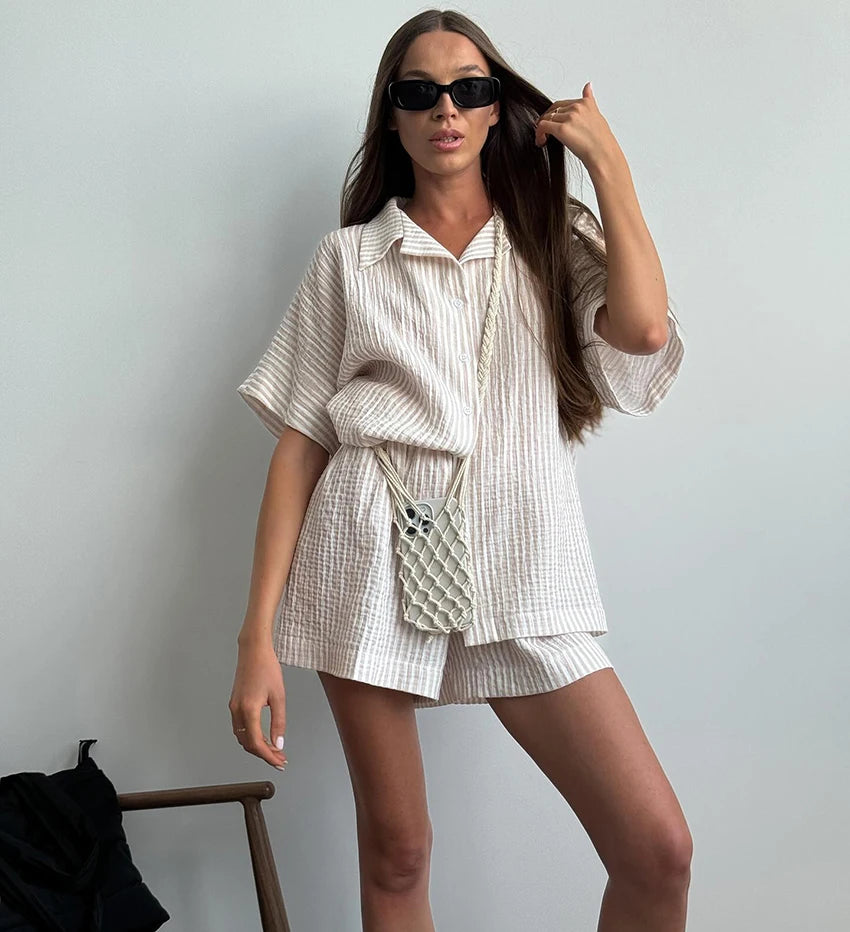 Hiloc Elegant Cotton Stripe Shorts Suits Pajamas Summer Short Sleeve Blouse With Elastic Waist Shorts 2 Piece Sets Home Outfits