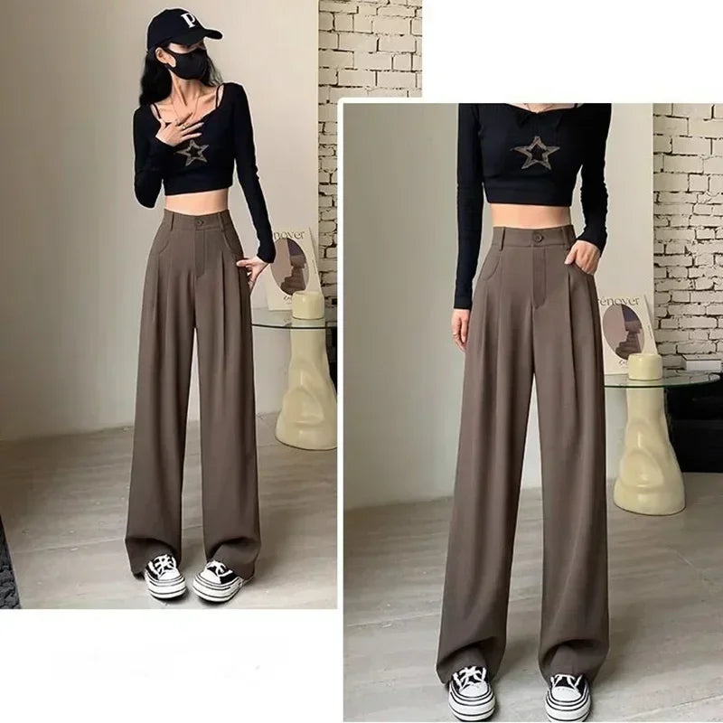 Women Fashion Suit Pants Lady Breathable Baggy High Waist Wide Leg Summer Trousers Lady Straight Leg Black Coffee Classic Pants Badiee Stylez