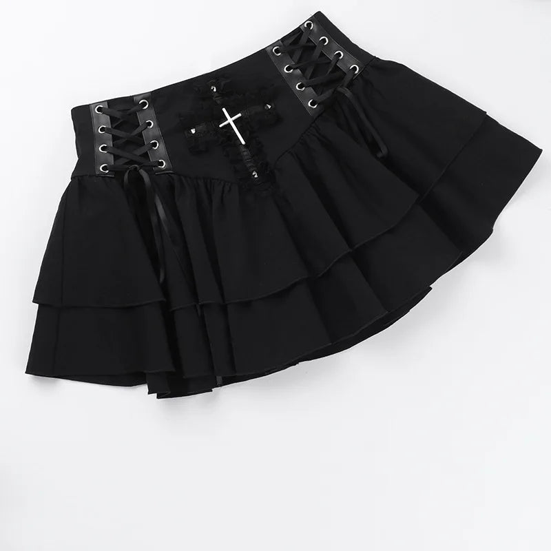 Gothic Black Lace Cross Mini Skirt Y2k Grunge Punk High Waist Pleated A-Line Skirts Vintage Women Girl Aesthetic Alt Clothes