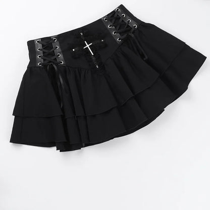 Gothic Black Lace Cross Mini Skirt Y2k Grunge Punk High Waist Pleated A-Line Skirts Vintage Women Girl Aesthetic Alt Clothes