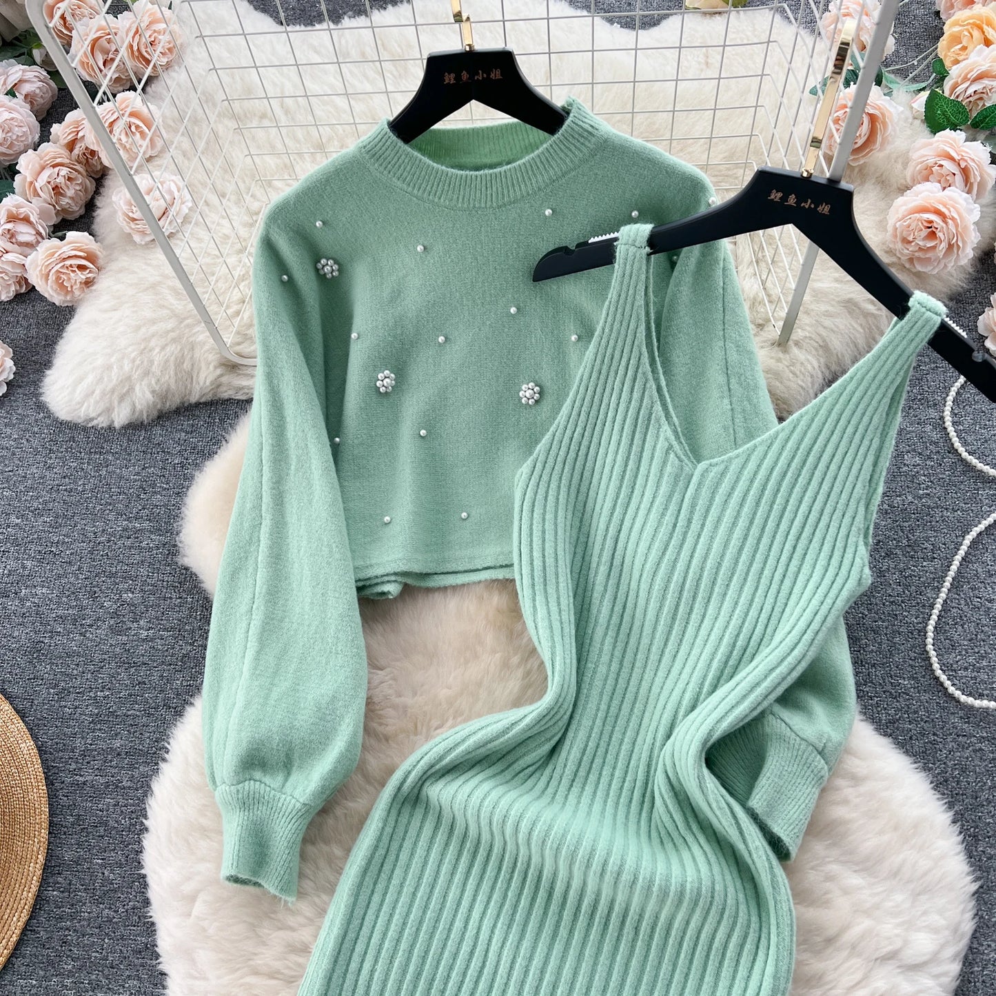 SINGREINY Beading Casual Two Piece Set Women Long Sleeve O Neck Pullover Midi Dress Fashion 2023 Winter Sweater Suit Dresses Badiee Stylez