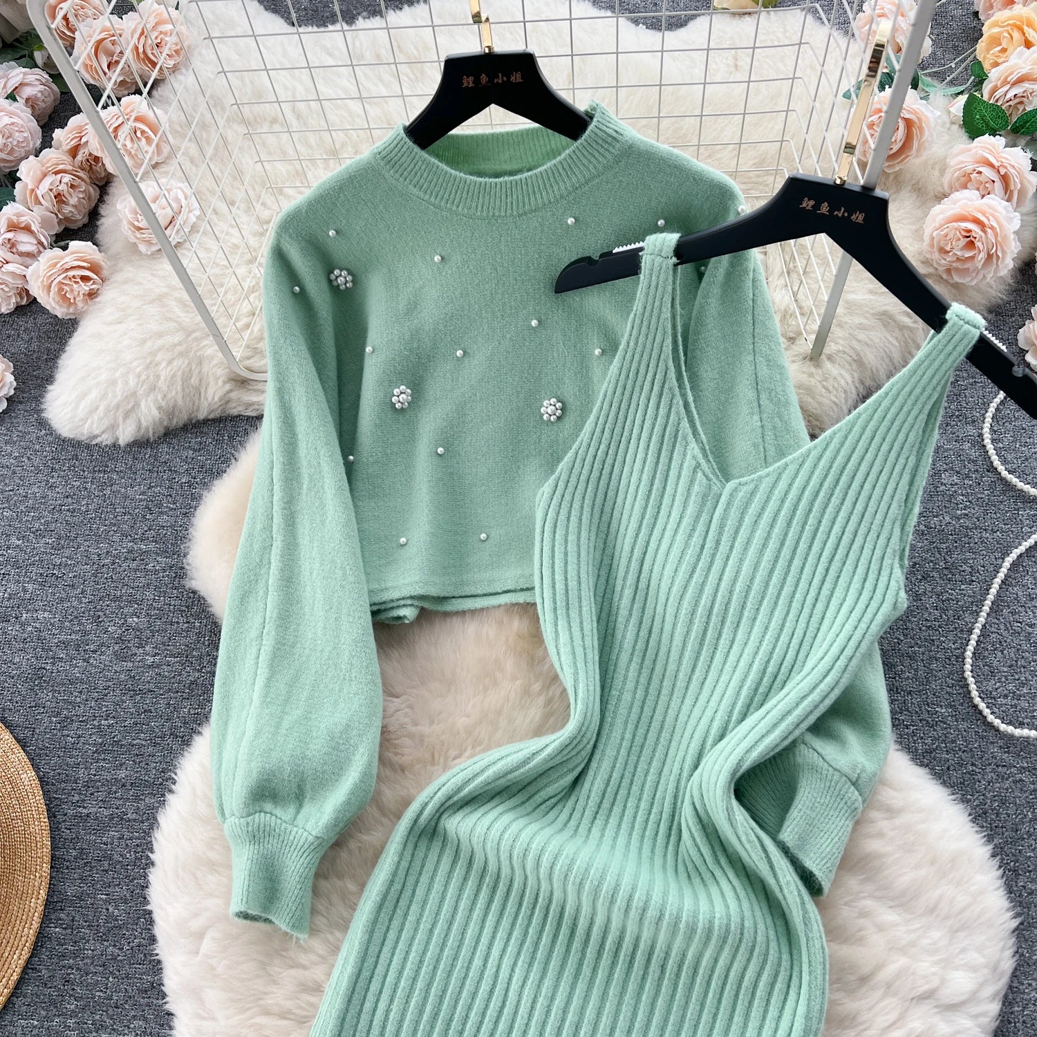 SINGREINY Beading Casual Two Piece Set Women Long Sleeve O Neck Pullover Midi Dress Fashion 2023 Winter Sweater Suit Dresses Badiee Stylez