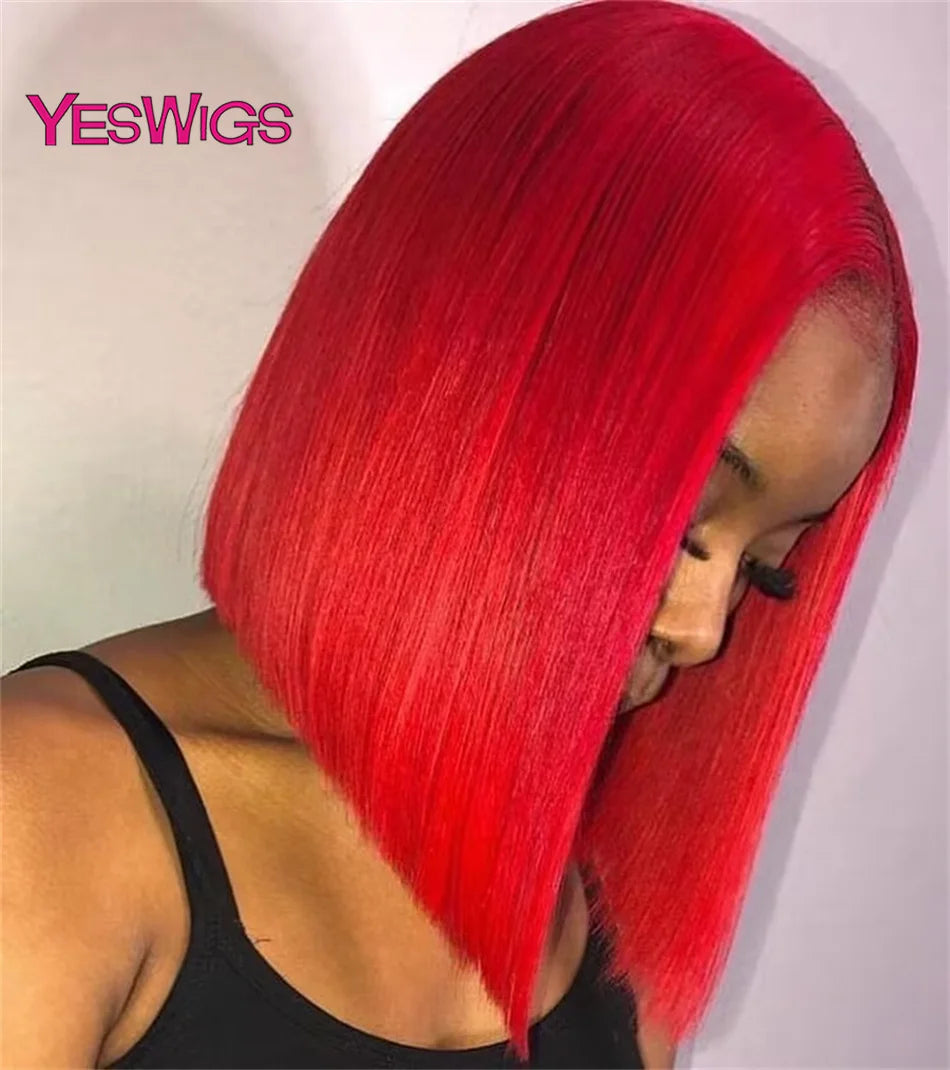 Short Bob Wig Hot Red Burgundy 99j Colored Brown Lace Front Human Hair Wigs Bone Straight Bob Wig Lace Frontal Wigs For Women - Badiee Stylez