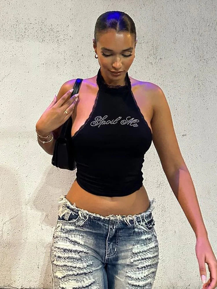 Lygens Halter Rhinestone Diampnds Lace Backless Sleeveelss Women'S Tops Tshirts Y2K Wholesale Casual Solid Fashion Clothing black