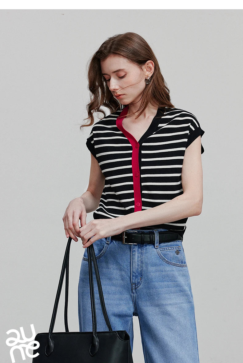 TOYOUTH Women Knitwear 2025 Summer New Short Sleeve Striped Contrast Color Pullover Tops 8523018