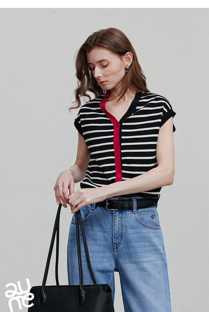 TOYOUTH Women Knitwear 2025 Summer New Short Sleeve Striped Contrast Color Pullover Tops 8523018