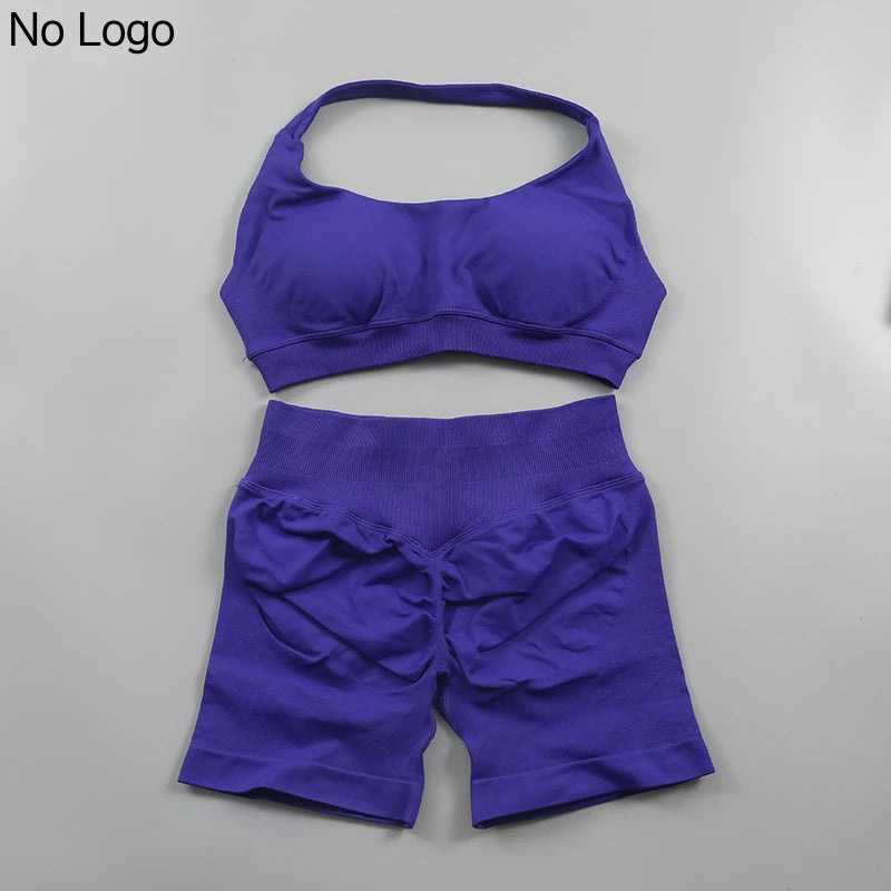 Fitness Shorts Sets Seamless Yoga Set Women 2Pcs Halter Sports Bra Scrunch Butt Gym Shorts Set Workout Clothes Summer Sportswear Badiee Stylez