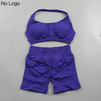 Fitness Shorts Sets Seamless Yoga Set Women 2Pcs Halter Sports Bra Scrunch Butt Gym Shorts Set Workout Clothes Summer Sportswear Badiee Stylez