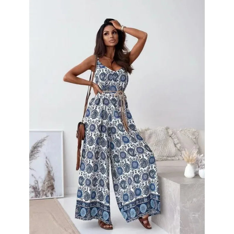 New Women's Wide Leg Jumpsuit V-Neck Strapless Belted Print New Style Short Pants MULTI4