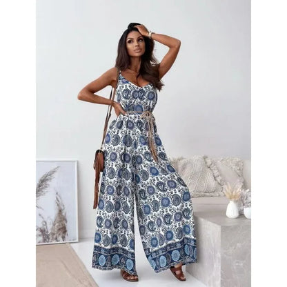 New Women's Wide Leg Jumpsuit V-Neck Strapless Belted Print New Style Short Pants MULTI4