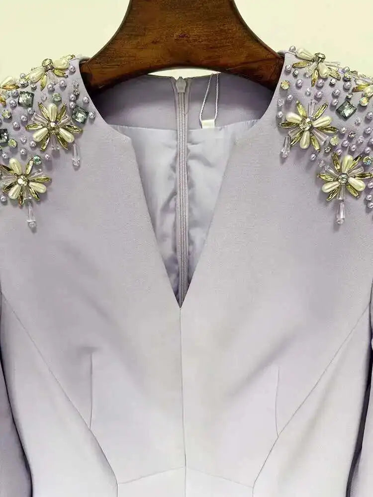 QMQA Fashion Women's Evening Dress Bead Diamond Spliced V Neck Long Sleeve High Waist Maxi Party Dresses 2025 Spring New QM324 Badiee Stylez