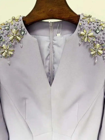 QMQA Fashion Women's Evening Dress Bead Diamond Spliced V Neck Long Sleeve High Waist Maxi Party Dresses 2025 Spring New QM324 Badiee Stylez