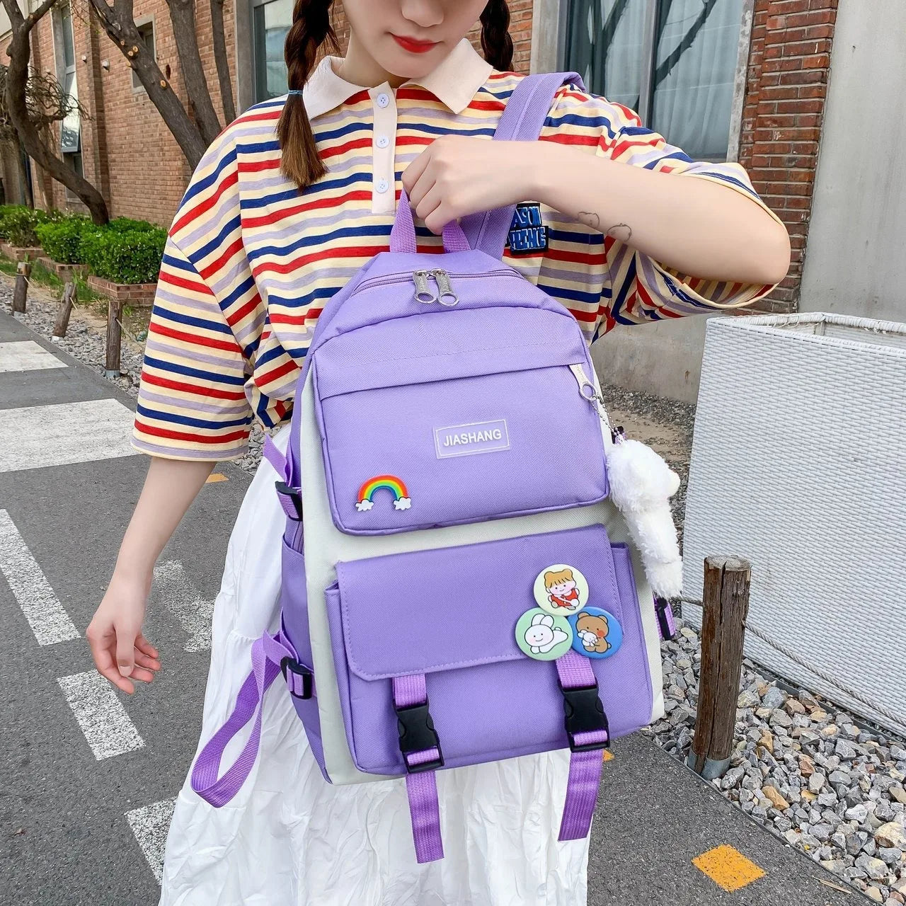 Four Piece Set of Student Backpack for Women in Korean Version Casual Canvas High School Campus with Large Capacity