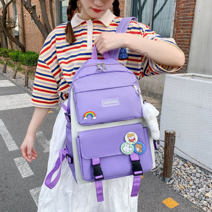 Four Piece Set of Student Backpack for Women in Korean Version Casual Canvas High School Campus with Large Capacity