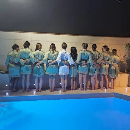 Personalised Robe Green Custom Bridal Robe Wedding Bridesmaid Kimono Sage Green Bathrobes Silky & Lace Detail Bridal Party Dress