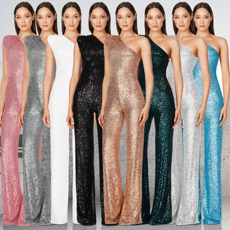 Women Elegant Long Jumpsuits Sexy Glitter Sequin Club Ladies Playsuits Slanted Collar Party Fashion Backless Solid Romper 2024 Badiee Stylez