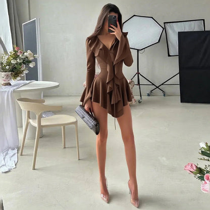 2025 New Autumn Irregular Hem Dress Women Y2K Flare Sleeve V-Neck Bandage Stretch Elegant Birthday Party Chic Hipster Bodycon Badiee Stylez