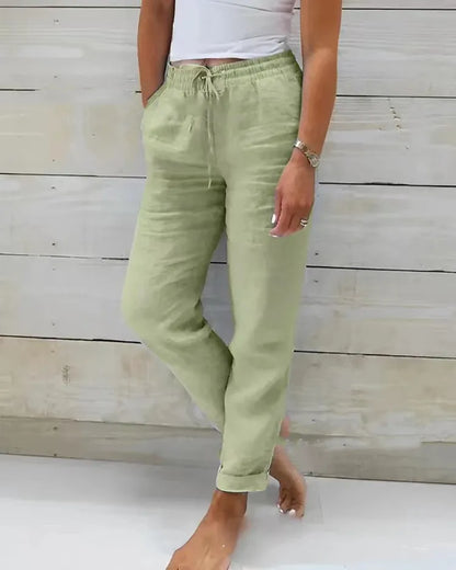 Women Cotton Linen Pants Summer Female High Elastic Waist Drawstring Pocket Beachwear Holiday Straight Trousers JYFS-1044 Yellow Green