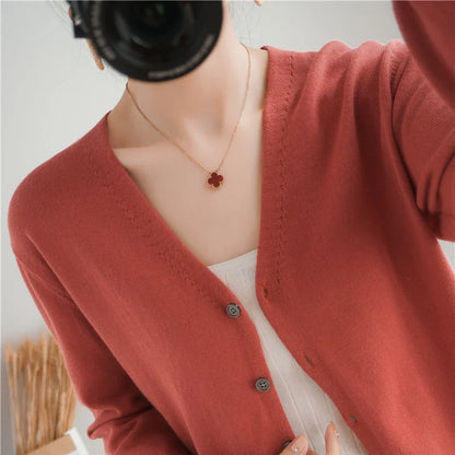 100% Cotton Line Long Sleeve V-Neck Knitted Cardigan Women Loose Short Solid Color Simple Sun Protection SMY K61
