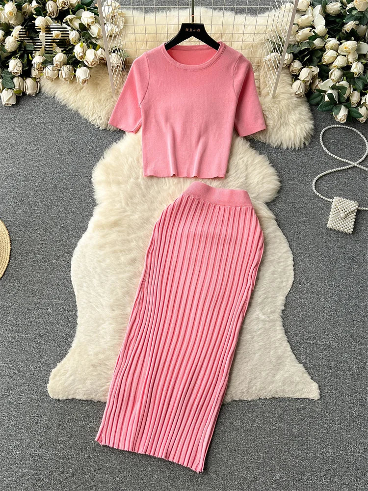 SINGREINY Casual Two Piece Sets Women Summer O Neck Top Elastic Waist Long Skirt Fashion Office Lady Korean Knit Suit red One Size