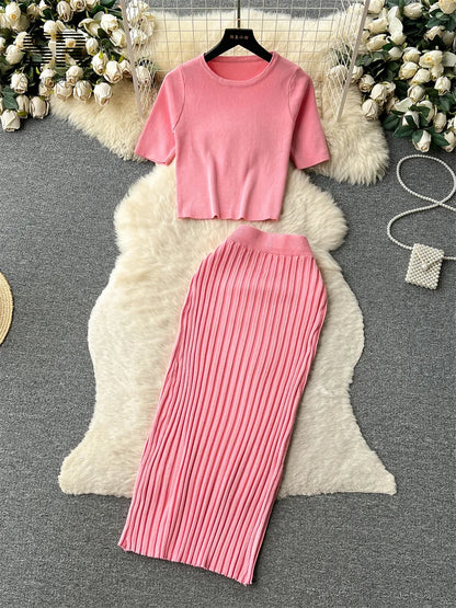 SINGREINY Casual Two Piece Sets Women Summer O Neck Top Elastic Waist Long Skirt Fashion Office Lady Korean Knit Suit red One Size