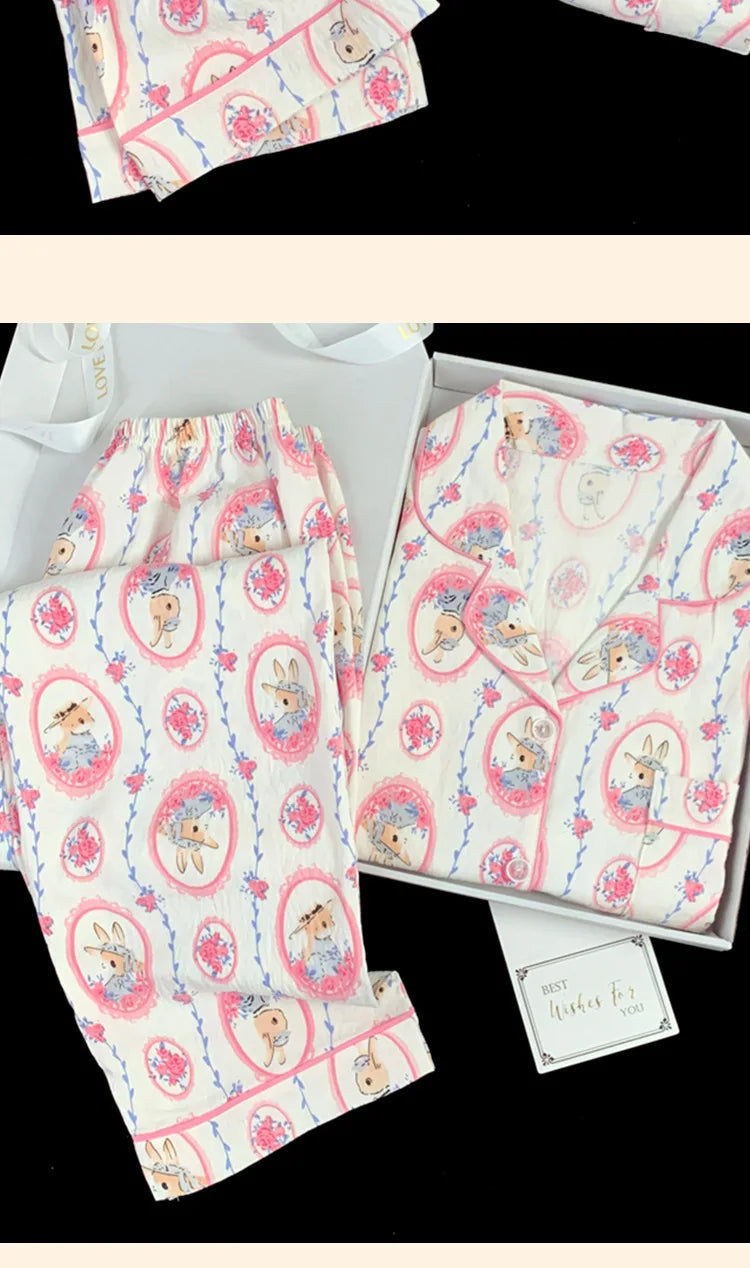 Spring and Autumn Women's New Cloud Cotton Pajamas Homewear Set Students Sweet Printing Long Sleeves Long Pants Pajamas Homewear