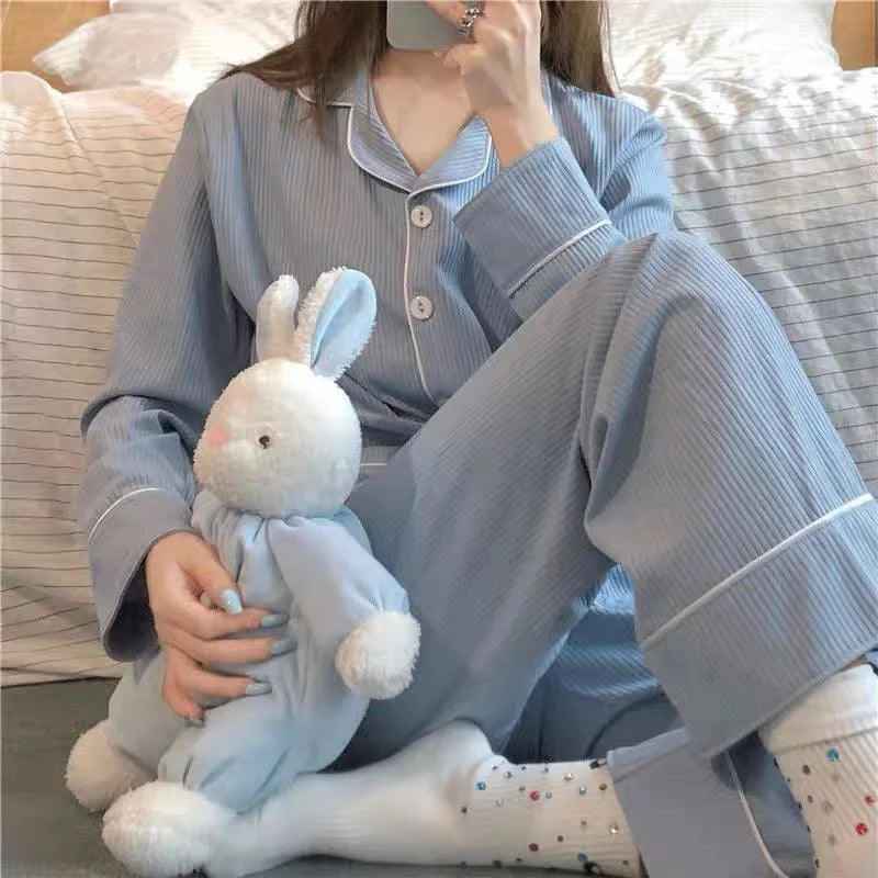 New Women's Imitation Cotton Pyjamas Homewear Set Girls Spring and Autumn Pajamas Homewear Ladies Long-Sleeved Cardigan Homewear Blue