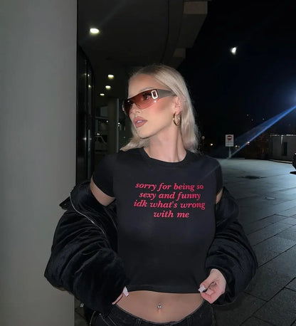 Y2K Letter Print Vintage High Street Aesthetic T-shirt 2000's Crop Top Summer Punk Short Sleeve Clothes Casual Streetwear Tshirt TM670-Black-luqiz