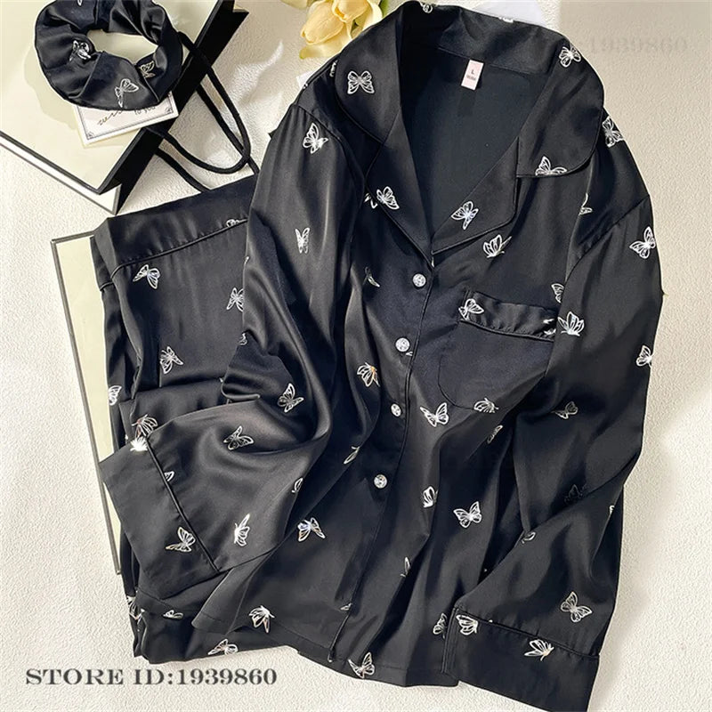 Women Long Sleeve Pajamas 2PCS Set Spring Summer New Sleepwear Loungewear Fashion Stripes Pyjama Pour Femme Loose Satin Homewear Black Pajamas 13