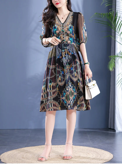 2025 Summer Bohemian Dresses For Women Elegant V-neck High Waist Women's Print Black Dress A-line 100% Real Silk Long Midi Dress Badiee Stylez