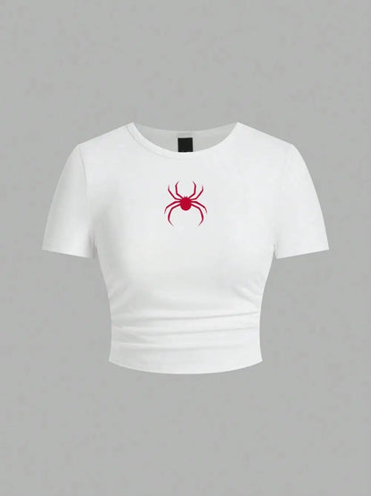 Simple Red Spider Printing Crop Tops Summer Street Fashion Women's Slim-fit T-Shirt Comfortable Soft High Elastic Female Clothes White