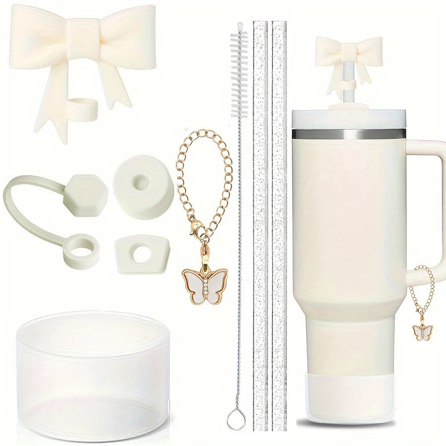 9pcs Accessories for Stanley 40oz Tumbler Cup Spill Proof Stopper 10mm Straw Cover Cap Silicone Boot Charm Chain Straw and Brush Badiee Stylez