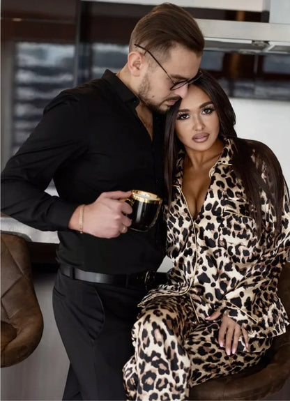 Leopard Print Long Sleeve Pajmaas Set Spring New Silk Satin Sleepwear Home Clothes Loose Casual Home Clothes Trouser Suits