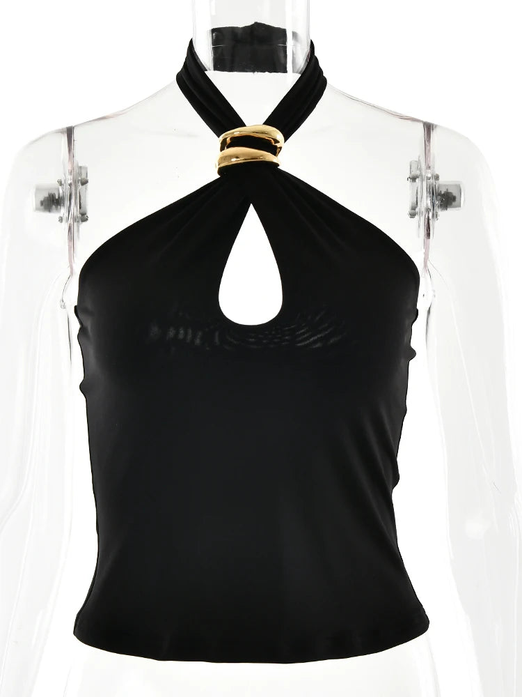 Fantoye Sexy Backless Metal Ring Halter Women Top Black Hollow Out Off Shoulder Crop Vest Female Summer Slim Elegant Streetwear