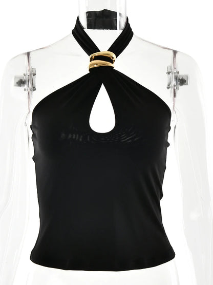 Fantoye Sexy Backless Metal Ring Halter Women Top Black Hollow Out Off Shoulder Crop Vest Female Summer Slim Elegant Streetwear