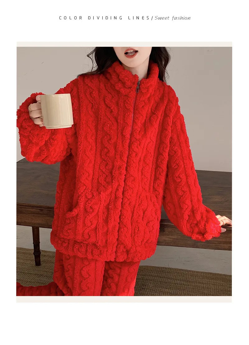 Large Size Flannel Pajamas Set Autumn Winter Female Sleepwear Trouser Suit Thicken Coral Fleece High Collar Lounge Wear Homewear