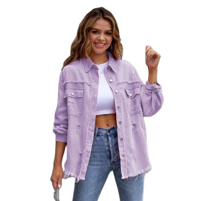 2025 Spring Autumn Shirt Style Denim Jacket Women Holes Raw-edges Jeancoat Casual Tops Female Oversize Loose Outerwear 7 Colors