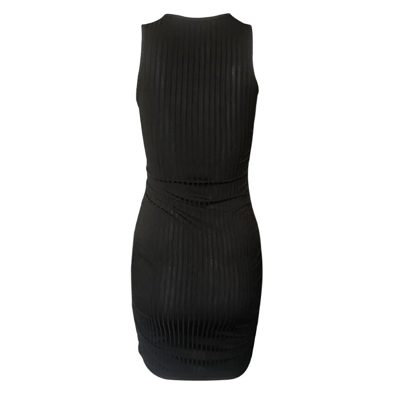 Sexy Stripes Thread Knitting Slim Bodycon Dress Women Sleeveless Solid Color Skinny Mini Dress Elegant Club Party Vestidos