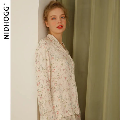 Pre-sale 2024 Spring Satin Pajamas Long Sleeve Viscose Sleepwear Willow Leaf Print Lounge Wear Two Piece Pijama Set Pijama Mujer