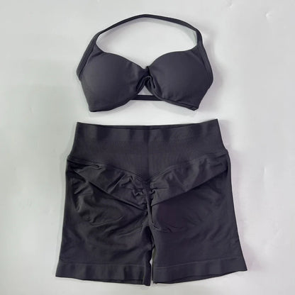 NO LOGO 2PCS Gym Set Women Strappy Yoga Bra Top High Waist Workout Scrunch Shorts Sports Suit Seamless Yoga Set Fitness Clothes Badiee Stylez