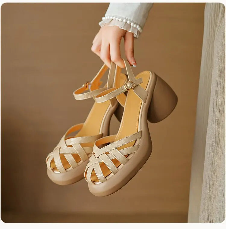 БосоножкиженскиеFashion Retro Women Shoes Summer New Round Heels Thick Soled Anti Slip Roman Sandals Simple Women Heels Sandals Badiee Stylez