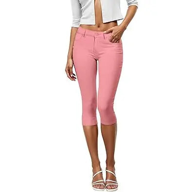 Women Color Capris Pants Stretchy Comfy Skinny Cropped Jeans Pants Button Front Casual Breathable Pink