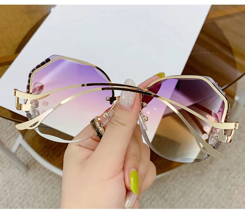 Women's New Diamond-encrusted Sunglasses Rimless Cut Edge Sunglasses Big Face Slimming Sunglasses